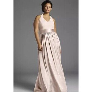 Vera Wang White Blush Pink Halter T Strap Bow Front Slit Lux Bridesmaid Dress 18